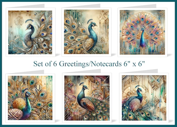 Box of 6 Art Deco Peacock Greeting or Note Cards, Blank 6" x 6" with Envelopes, Postage Free (Set C)