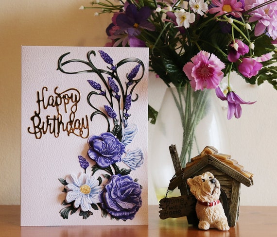 Unique Handmade Birthday Card, Flowers, die cut, 3D, decoupage, personalise