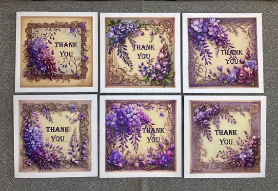 Pack of 6 Thank You Notelet Cards with Envelopes, Wisteria, Blank