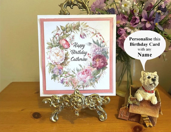 Unique Handmade Personalised Birthday Card with Pretty Wreath of Peony Flowers