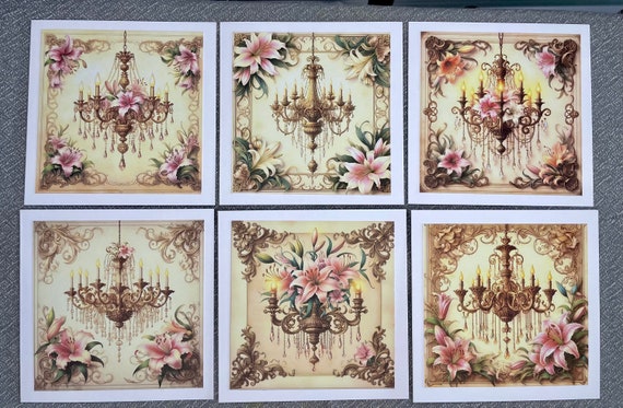 Pack of 6 Notelet Cards with Envelopes, Chandeliers and Lilies, Blank