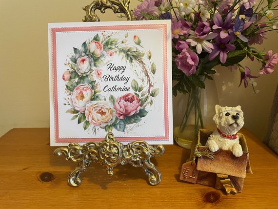 Unique Handmade Personalised Birthday Card in a Wreath of Pink Peonies.