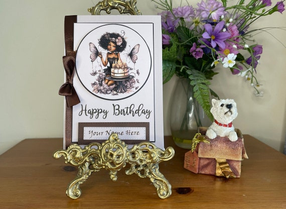 Personalised Black Girl Birthday Card with butterflies and cake. Any Name.