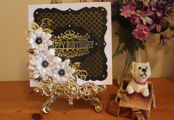 Unique Handmade 7x7 Birthday Card, 3D Die Cut Flowers, Personalised Message or Blank Inside, Happy Birthday Card in Gift Box, Free Postage