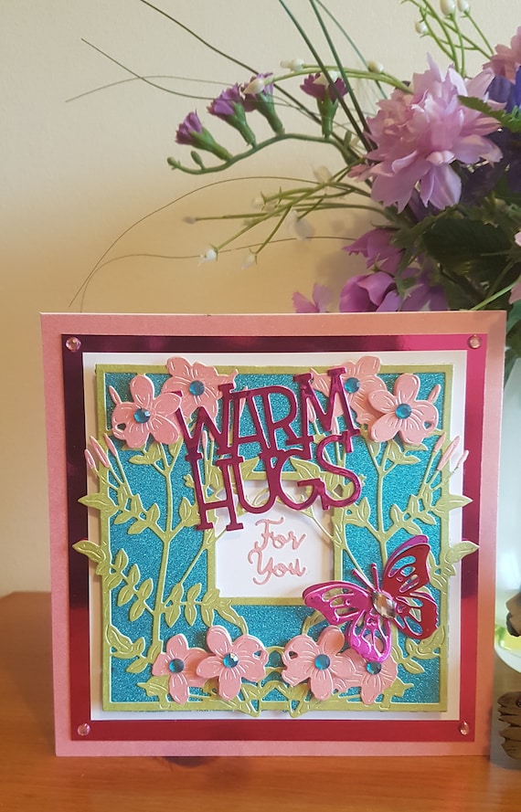 Unique Handmade Greetings Card, Warm Hugs for you, 3D Decoupage, flowers & butterfly, glitter, personalise