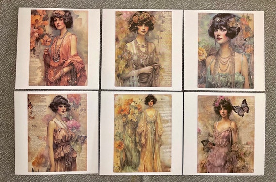 Pack of 6 Notelet Cards with Envelopes, Art Deco 1920s Ladies Fashion, Blank