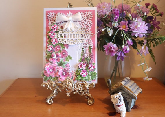 Handmade Birthday Card with 3d Hollyhock Flowers