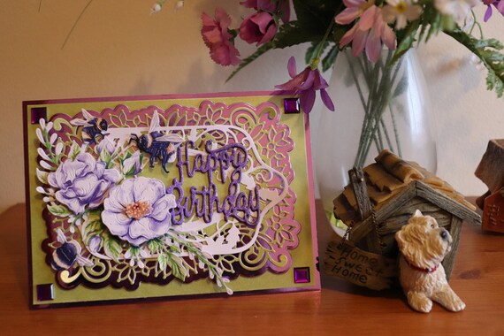 Handmade  3D Birthday Card, Decoupage Bees and Flowers, Purple and Green, Unique, Personalise
