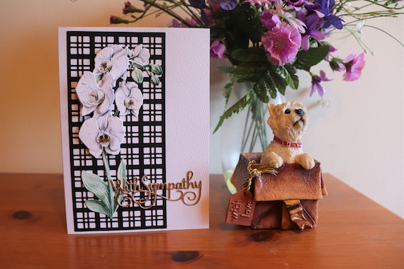 Handmade Sympathy Card with 3D Decoupage White Orchid on a black Trellis and gold sentiment