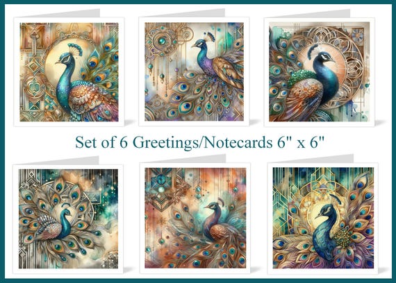 Box of 6 Art Deco Peacock Greeting or Note Cards, Blank 6" x 6" with Envelopes, Postage Free (Set A)