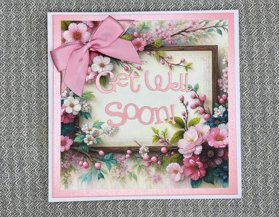 Unique Handmade Get Well Soon! Card, Pretty female pink blossom with ribbon and bow