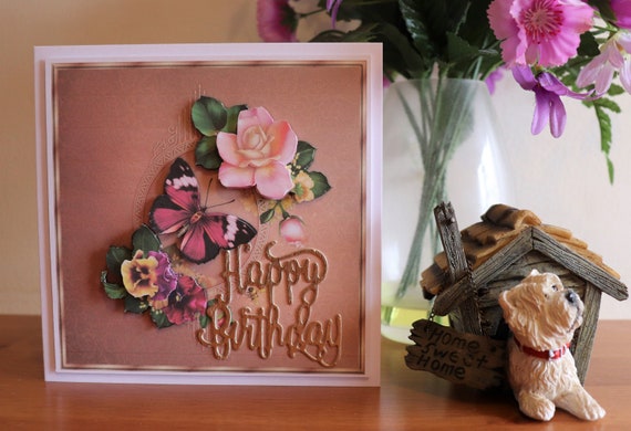 Handmade Birthday Card, Flowers and Butterfly, 3D Decoupage, Gold Text