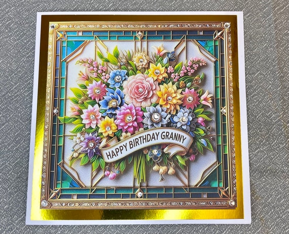 Handmade Birthday Card for Granny, Dimensional, Personalised, Art Deco, Bouquet of Flowers