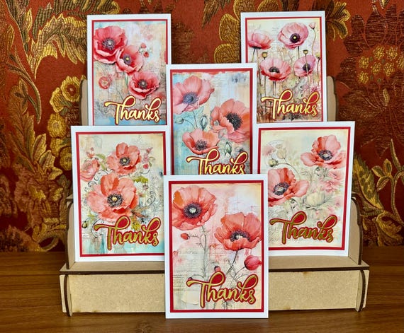 Set of 6 Thanks Luxury Notelet Cards, 6 Different Poppy Flowers Designs, Free Postage