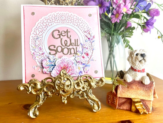 Unique Handmade Get Well Soon Card, multi-layered 3D decoupage Flowers on a die cut circular frame. Free Postage