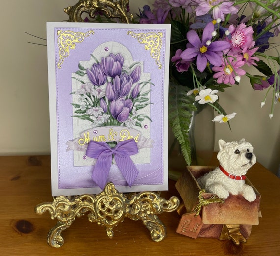 Handmade 3D Anniversary Card for Mum & Dad, 3D Decoupage bunch of Lilac Tulip Flowers, Unique, Personalise
