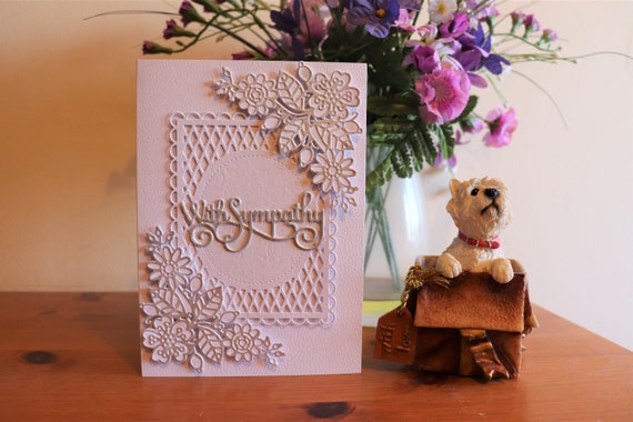 Unique Handmade With Sympathy Card in white and silver with 3D flower sprays on a trellis background