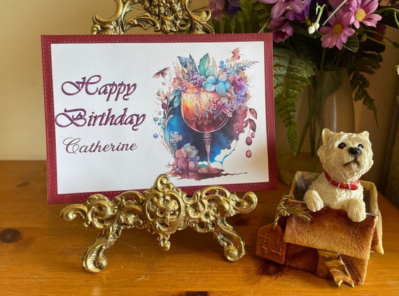 Unique Handmade Birthday Card with Cocktail Glass and Flowers, can be Personalised with any Name