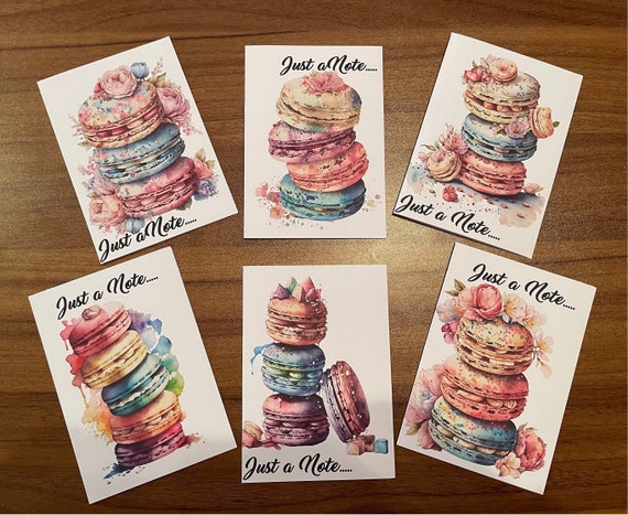 Pack of  Notelet Cards with stacks of Macarons. Blank or Optional Text - Just a Note..., Thank You, Thinking of You or Hello. Free Postage.