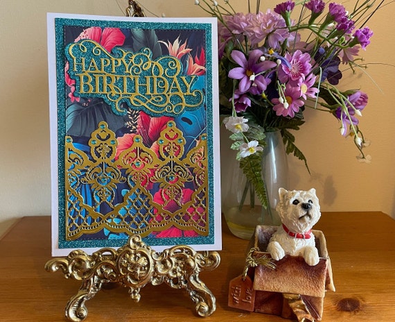 Unique Handmade Birthday Card, Tropical Flowers Background, Ornate Gold Filigree Panel and Fancy Script.