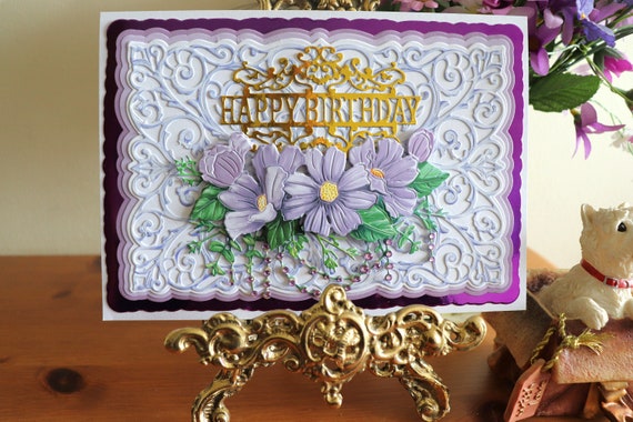 Large A5 Handmade Birthday Card, Ornate Die Cut Background multi-layered, Flower Swag decorated with faux gems, Fancy Gold Sentiment