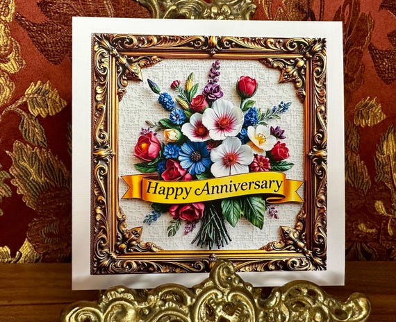 Unique Wedding Anniversary Card, Bouquet of Flowers in a Frame, Free Postage