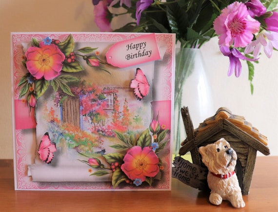 Handmade Birthday Card, 3D decoupage butterflies and flowers