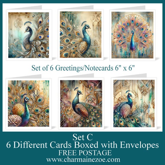 Luxury Art Deco Peacock Greeting Cards Set of 6, Optional Gift Box, Blank 6" x 6" with Envelopes, Postage Free (Set C)