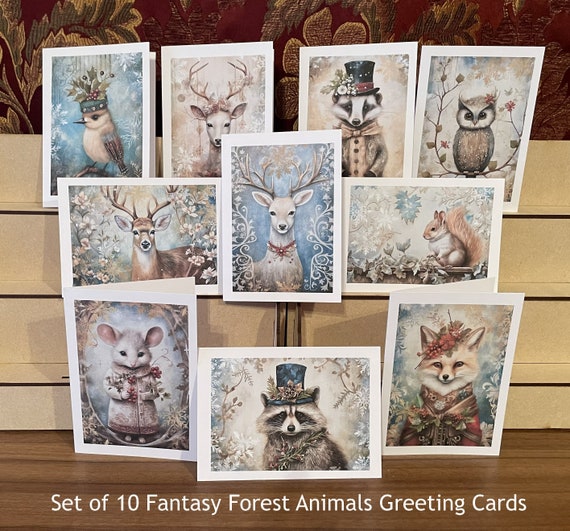 Pack of 10 Cards with Envelopes - 10 Different Fantasy Forest Animals with a Winter Theme, Multipurpose Greeting Cards,