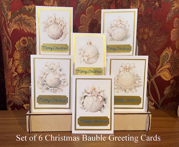 Pack of 6 Different Handmade Christmas Cards with White and Gold Baubles