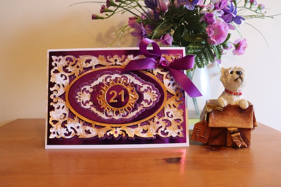 Large A5 Handmade 21st Birthday Card with fancy gold and purple die cut frame and sentiment