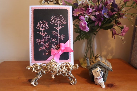 Handmade Romantic Card with pretty pink Foiled Chrysanthemum flower