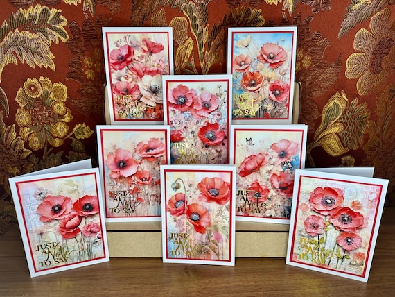 Set of 8 Luxury Note Cards, 8 Different Poppy Floral Designs, Multipurpose - Just a Note, Free Postage
