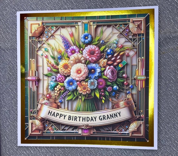 Handmade Birthday Card for Granny, Dimensional, Personalised, Art Deco, Bouquet of Flowers