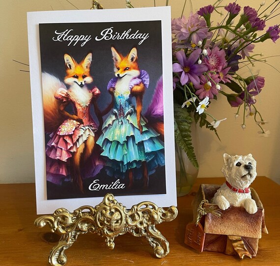 Personalised Name Birthday Card with Funny Foxes in Fancy Dress