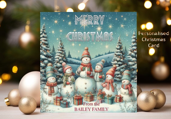 Personalised Christmas Card, Colourful and Jolly Snowmen, 6" x 6" Square, Can be TO or FROM with Any Name or Names or Family Name.