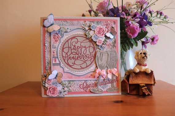 Large Handmade Anniversary Card with 3D Decoupage Flowers and Butterflies and Die Cut Champagne Glasses in a Gift Box