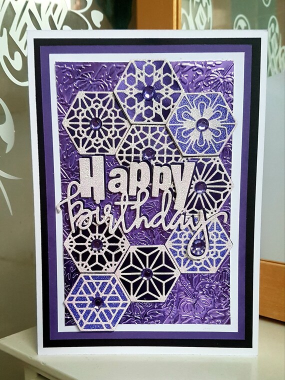 Large A5 size Unique Handmade Birthday Card, Purple Hexagons, 3D, personalise