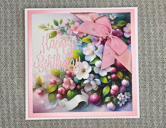 Unique Handmade Birthday Card, Pretty female pink blossom with ribbon and bow