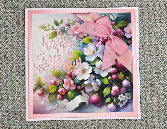 Unique Handmade Birthday Card, Pretty female pink blossom with ribbon and bow