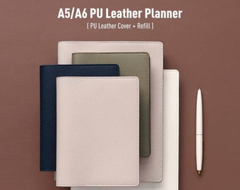 Minimal Planner / Notebook / Journal with Faux Leather Cover and Refills, Suitable for Hobonichi/Midori/Moleskine in A5 and A6 size