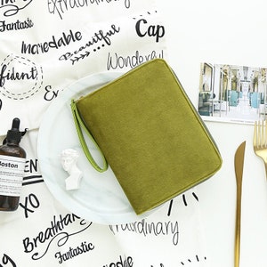 Astuccio per agenda e diario con cerniera A6 con copertina in cotone + pelle PU e taccuino di ricambio da 128 fogli - per Hobonichi e Midori (solo verde)