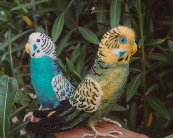 Puede incluir: Dos periquitos de fieltro, uno azul y blanco, el otro verde y amarillo, posados en una mano. Los periquitos son realistas y detallados.