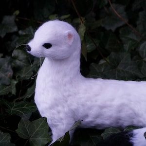 May include: A white stuffed animal resembling a weasel or stoat, with black eyes and a black tail tip. The animal is posed on a bed of green leaves.