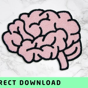 Könnte beinhalten: Gestickter Aufnäher in Form eines Gehirns, hellrosa mit schwarzer Umrandung. Der Aufnäher hat eine strukturierte Oberfläche. Die Worte "DIRECT DOWNLOAD" sind unten grün gedruckt. Zum Aufnähen oder Aufbügeln.