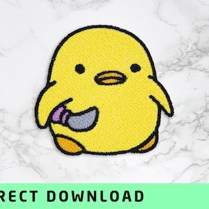 May include: Embroidered patch featuring a yellow chick holding a purple and gray knife. The chick has black eyes and a black outline. The patch is on a white marble background. The text "DIRECT DOWNLOAD" is at the bottom.
