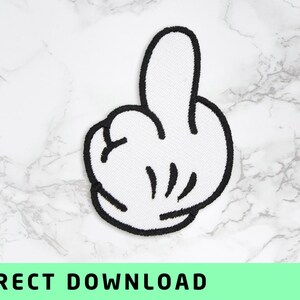 May include: White embroidered patch in the shape of a cartoon hand giving the middle finger, outlined in black. The patch is on a white marble surface. The text "DIRECT DOWNLOAD" is at the bottom.