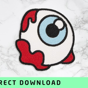 Peut inclure: Écusson brodé représentant un œil de dessin animé avec un iris bleu clair, une pupille noire et des accents rouges. Le patch a un fond blanc et une bordure noire. Le texte "DIRECT DOWNLOAD" est en bas.
