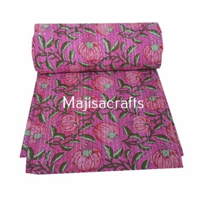 Indian Handmade Kantha Quilt Vintage Hand Block Floral Print Quilt 100% Cotton Quilt Quilted bedspreads Blanket Throw Bedding