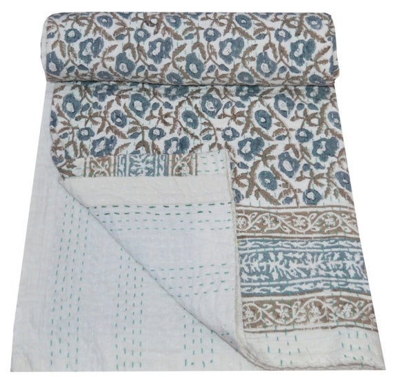 Indian Kantha Quilt Bedspread Ethnic Reversible Bedding Gudri Hand Block Print Handmade SingleDouble Size Bed Cover Gudari